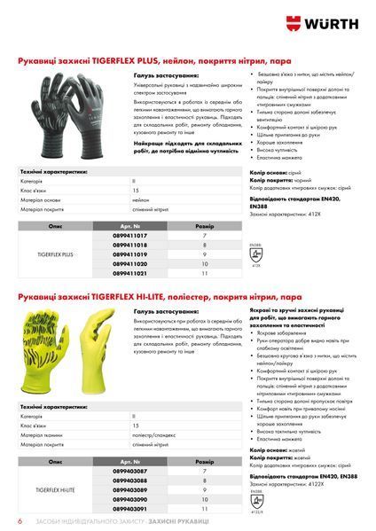 Перчатки защитные TIGERFLEX HI-LITE, полиэстер, покрытие нитрил, пара, р.11Wurth (0899403091)(1шт) 0899403091 фото