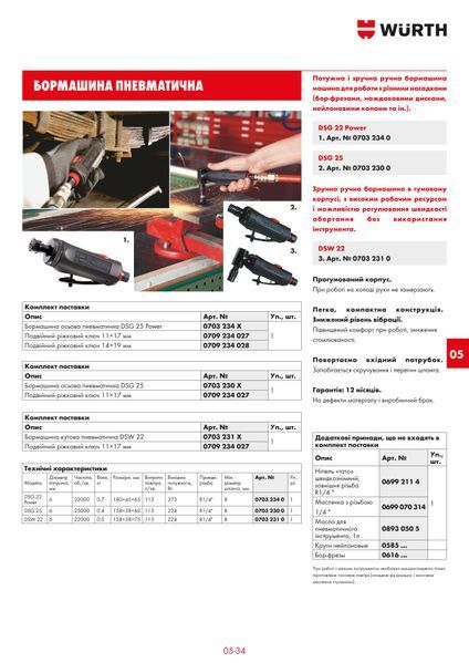 Пневматична шліфувальна машина DSG 22 POWER, пряма WURTH (07032340)(1шт) 07032340 фото