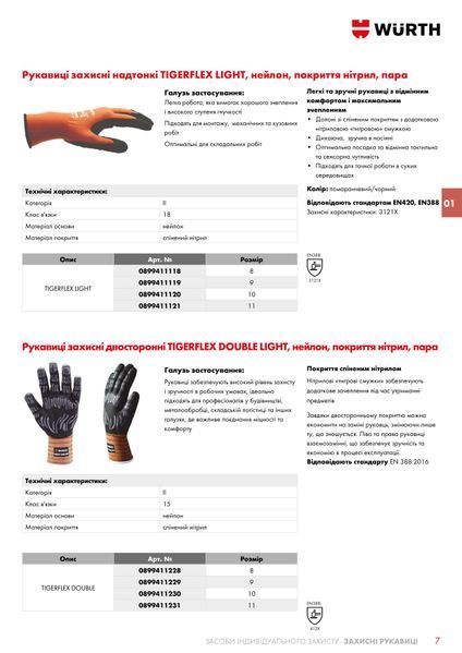 Перчатки защитные двухсторонние TIGERFLEX DOUBLE LIGHT, нейлон, нитриловое покрытие, пара, размер 11 Wurth (0899411231)(1шт) 0899411231 фото