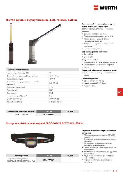 Фонарь ручной аккумуляторный, LED, тонкий, IP 54, 600 lm, 5 W, 340х52х41 WURTH (0827940383)(1шт) 0827940383 фото