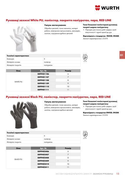 Перчатки защитные White PU, полиэстер, покрытие полиуретан, пара, р.6, RED LINE Wurth (0899401106)(1шт) 0899401106 фото