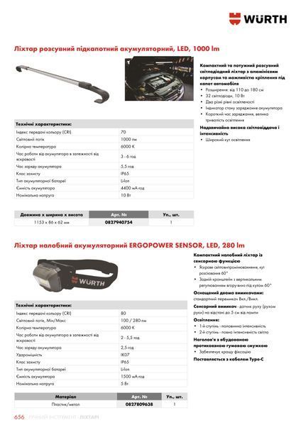 Фонарь раздвижной подкапотный аккумуляторный, LED, 1000 lm, IP65 WURTH (0827940754)(1шт) 0827940754 фото