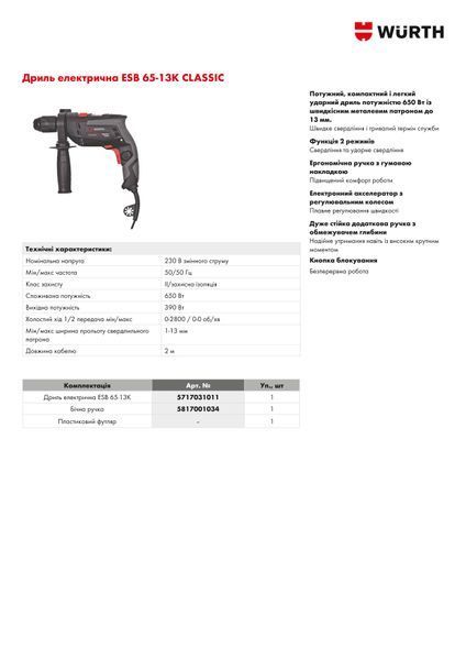 Дрель электрическая ESB 65-13K CLASSIC WURTH (5717031011)(1шт) 5717031011 фото