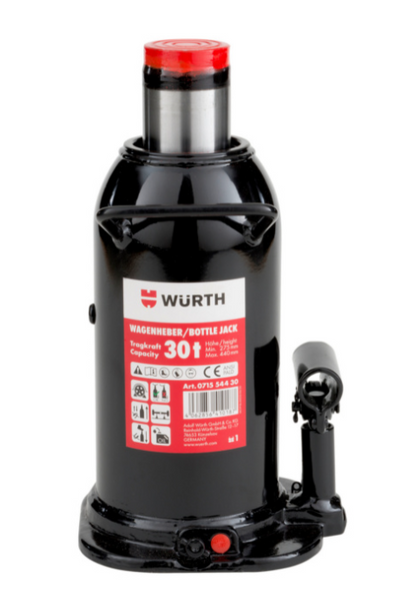 Домкрат гідравлічний пляшкового типу, посилений, чорний, 30 t WURTH (071554430)(1шт) 071554430 фото