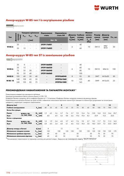 Анкер-шуруп по бетону W-BS/ST (A2K) 6x75/40/M8x16 WS10 Для растянутой и сжатой зон бетона Оцинкованная сталь Wurth (5929186040)(1шт) 5929186040 фото