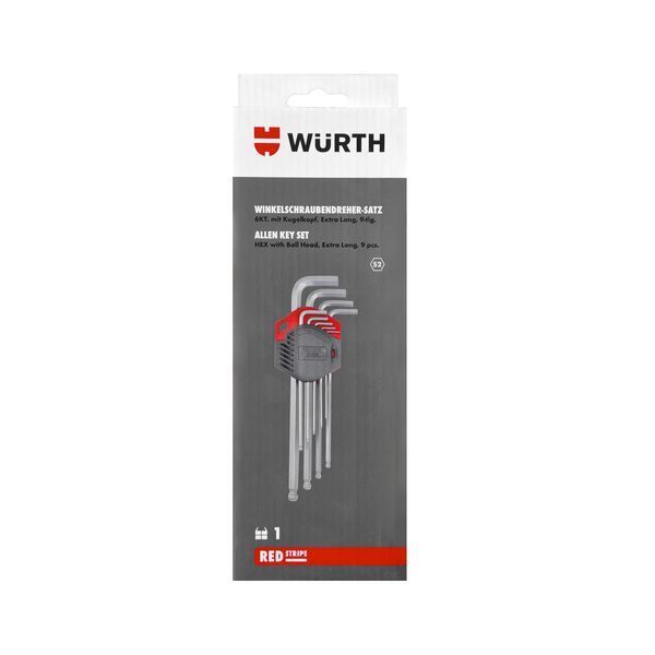 Набір ключів Г-подібних HEX з кулькою, подовж., S2, SW1,5-10 mm, 9 шт., RED STRIPE WURTH (575243200)(1шт) 1103775363 фото