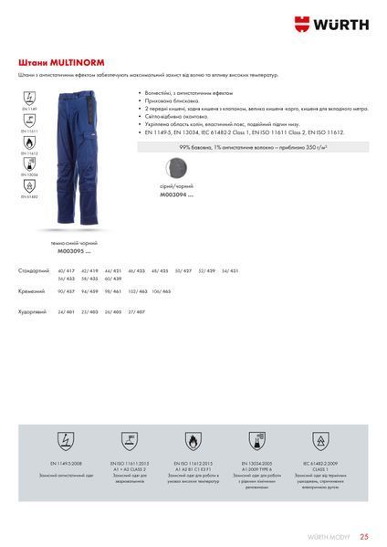 Брюки рабочие для сварщика MULTINORM, синие, размер 50, MODYF WURTH (M003095050)(1шт) M003095050 фото