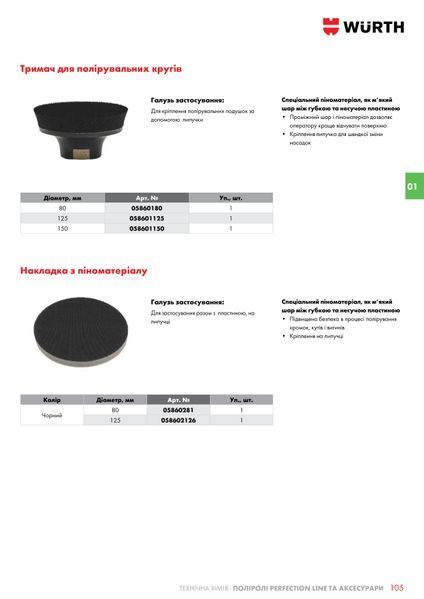 Опорная пластина для полировальных дисков, с липучкой, М14, D125 mm WURTH (058601125)(1шт) 058601125 фото
