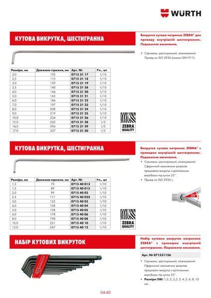 Ключ Г-образный HEX с шариком, удлиненный, SW10, L221 mm, ZEBRA WURTH (07154010)(1шт) 07154010 фото