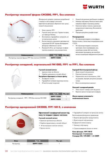 Респіратор складаний, вертикальний FМ1001, FFP2, без клапана WURTH (0899110202)(20шт) 0899110202 фото