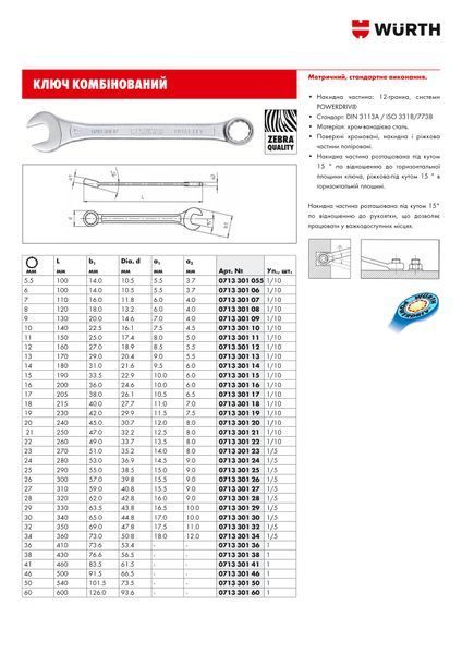 Ключ гайковий комбінований, коротке виконання, WS41, ZEBRA WURTH (0713301410)(1шт) 0713301410 фото
