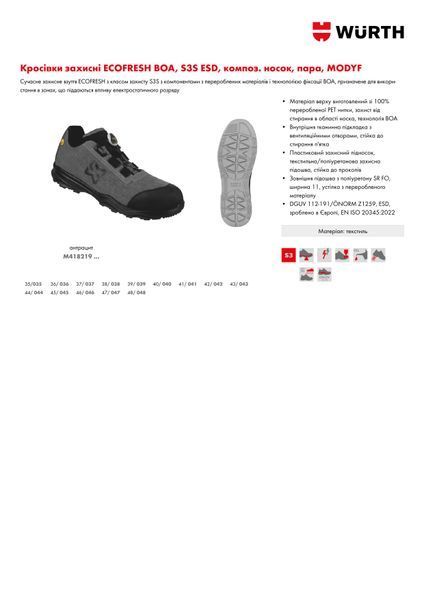 Кросівки захисні ECOFRESH BOA, S3S ESD, композ. носок, антрацит, пара, р.35, MODYF WURTH (M418219035)(1шт) M418219035 фото